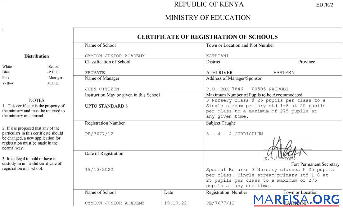 Blank Kenya certificate of registration of schools template